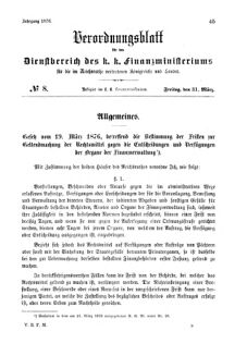 Verordnungsblatt für den Dienstbereich des K.K. Finanzministeriums für die im Reichsrate Vertretenen Königreiche und Länder 18760331 Seite: 1