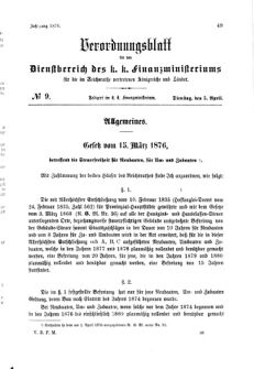 Verordnungsblatt für den Dienstbereich des K.K. Finanzministeriums für die im Reichsrate Vertretenen Königreiche und Länder 18760405 Seite: 1