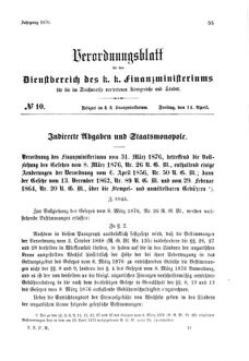 Verordnungsblatt für den Dienstbereich des K.K. Finanzministeriums für die im Reichsrate Vertretenen Königreiche und Länder 18760414 Seite: 1