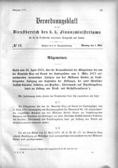 Verordnungsblatt für den Dienstbereich des K.K. Finanzministeriums für die im Reichsrate Vertretenen Königreiche und Länder 18760501 Seite: 1