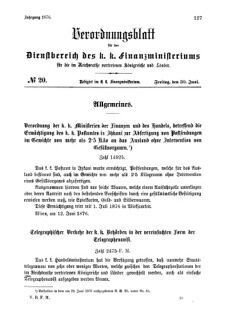 Verordnungsblatt für den Dienstbereich des K.K. Finanzministeriums für die im Reichsrate Vertretenen Königreiche und Länder 18760630 Seite: 1