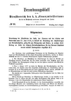 Verordnungsblatt für den Dienstbereich des K.K. Finanzministeriums für die im Reichsrate Vertretenen Königreiche und Länder 18760808 Seite: 1