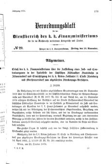 Verordnungsblatt für den Dienstbereich des K.K. Finanzministeriums für die im Reichsrate Vertretenen Königreiche und Länder 18761110 Seite: 1