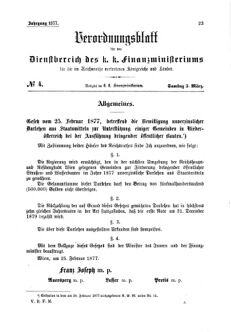 Verordnungsblatt für den Dienstbereich des K.K. Finanzministeriums für die im Reichsrate Vertretenen Königreiche und Länder 18770303 Seite: 1