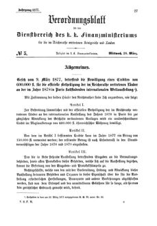 Verordnungsblatt für den Dienstbereich des K.K. Finanzministeriums für die im Reichsrate Vertretenen Königreiche und Länder 18770328 Seite: 1