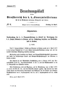 Verordnungsblatt für den Dienstbereich des K.K. Finanzministeriums für die im Reichsrate Vertretenen Königreiche und Länder 18770424 Seite: 1