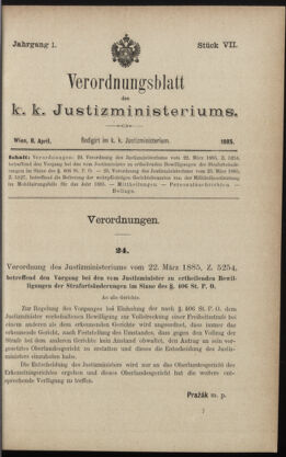 Verordnungsblatt des K.K. Justizministeriums 18850408 Seite: 1