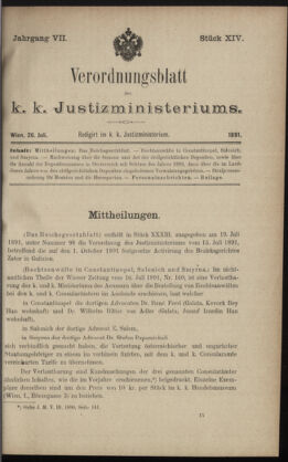 Verordnungsblatt des K.K. Justizministeriums 18910726 Seite: 1