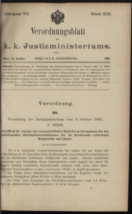 Verordnungsblatt des K.K. Justizministeriums 18911014 Seite: 1