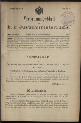 Verordnungsblatt des K.K. Justizministeriums 18920114 Seite: 1