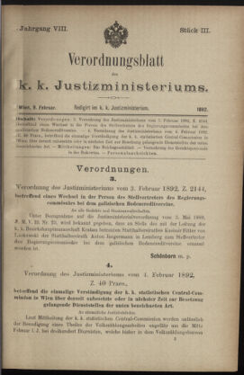 Verordnungsblatt des K.K. Justizministeriums 18920209 Seite: 1