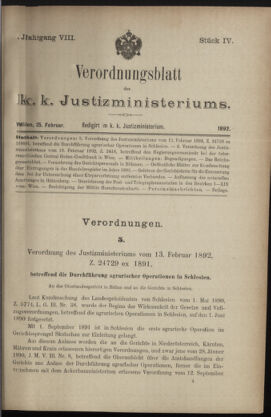 Verordnungsblatt des K.K. Justizministeriums 18920225 Seite: 1