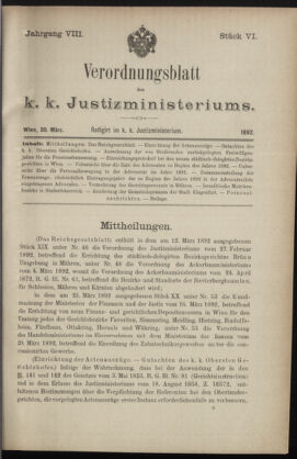 Verordnungsblatt des K.K. Justizministeriums 18920330 Seite: 1