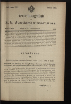 Verordnungsblatt des K.K. Justizministeriums 18920426 Seite: 1