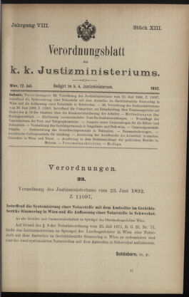 Verordnungsblatt des K.K. Justizministeriums 18920712 Seite: 1