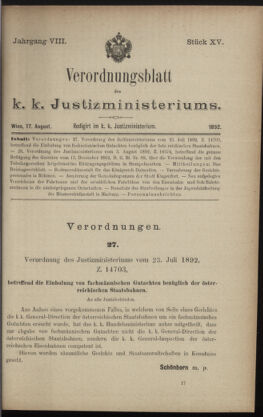 Verordnungsblatt des K.K. Justizministeriums 18920817 Seite: 1