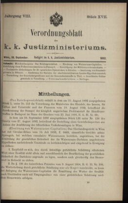 Verordnungsblatt des K.K. Justizministeriums 18920916 Seite: 1