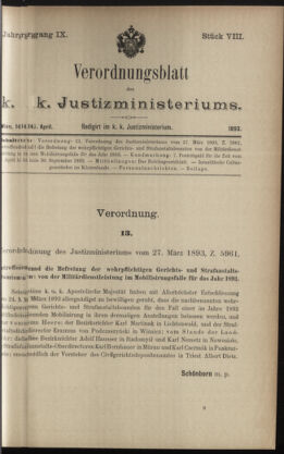 Verordnungsblatt des K.K. Justizministeriums 18930414 Seite: 1