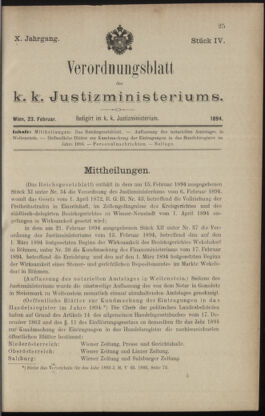 Verordnungsblatt des K.K. Justizministeriums 18940223 Seite: 1