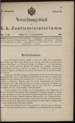 Verordnungsblatt des K.K. Justizministeriums 18940511 Seite: 1