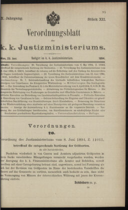 Verordnungsblatt des K.K. Justizministeriums 18940623 Seite: 1