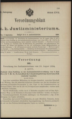 Verordnungsblatt des K.K. Justizministeriums 18940907 Seite: 1