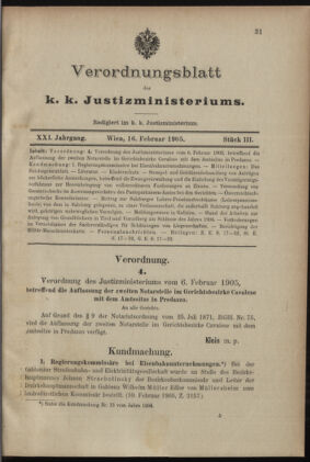 Verordnungsblatt des K.K. Justizministeriums 19050216 Seite: 1