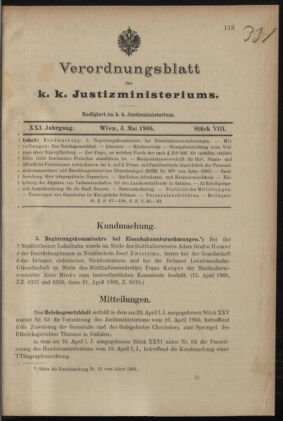 Verordnungsblatt des K.K. Justizministeriums 19050504 Seite: 1