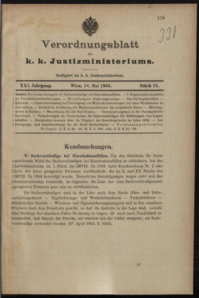 Verordnungsblatt des K.K. Justizministeriums 19050518 Seite: 1