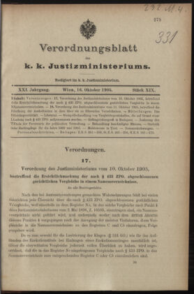 Verordnungsblatt des K.K. Justizministeriums 19051016 Seite: 1