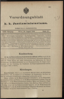 Verordnungsblatt des K.K. Justizministeriums 19060820 Seite: 1