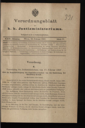 Verordnungsblatt des K.K. Justizministeriums 19070219 Seite: 1