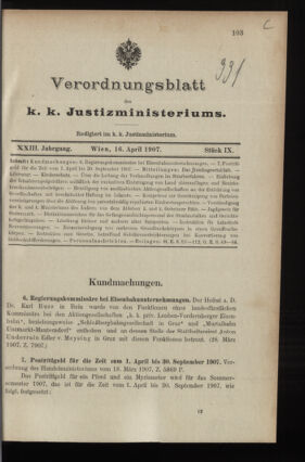 Verordnungsblatt des K.K. Justizministeriums 19070416 Seite: 1