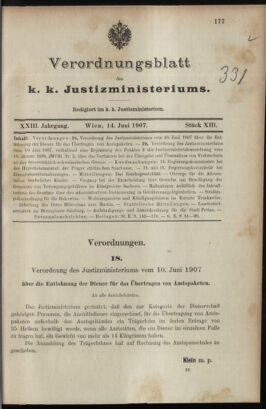 Verordnungsblatt des K.K. Justizministeriums 19070614 Seite: 1