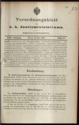 Verordnungsblatt des K.K. Justizministeriums 19080530 Seite: 1