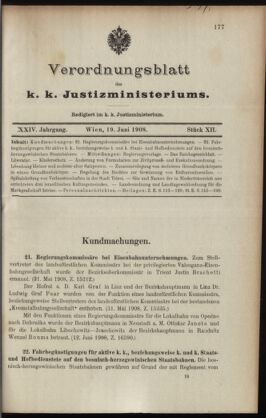 Verordnungsblatt des K.K. Justizministeriums 19080619 Seite: 1