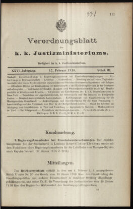 Verordnungsblatt des K.K. Justizministeriums 19100217 Seite: 1