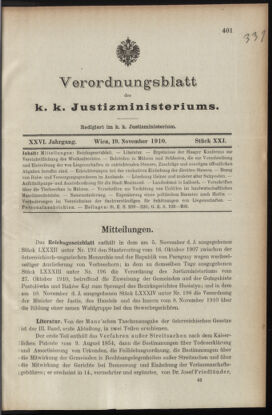 Verordnungsblatt des K.K. Justizministeriums 19101119 Seite: 1