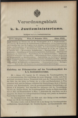 Verordnungsblatt des K.K. Justizministeriums 19101217 Seite: 1