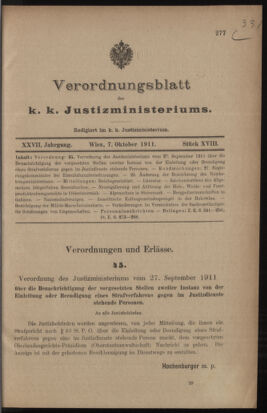 Verordnungsblatt des K.K. Justizministeriums 19111007 Seite: 1