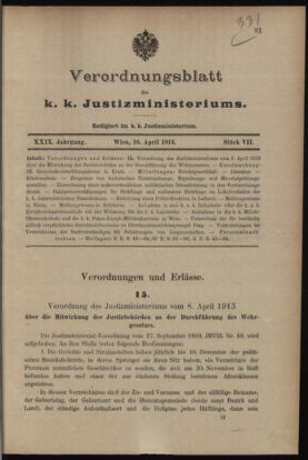 Verordnungsblatt des K.K. Justizministeriums 19130416 Seite: 1