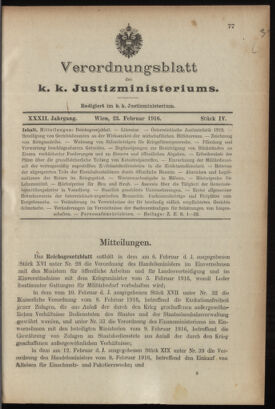 Verordnungsblatt des K.K. Justizministeriums 19160223 Seite: 1