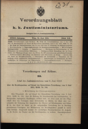 Verordnungsblatt des K.K. Justizministeriums 19160624 Seite: 1