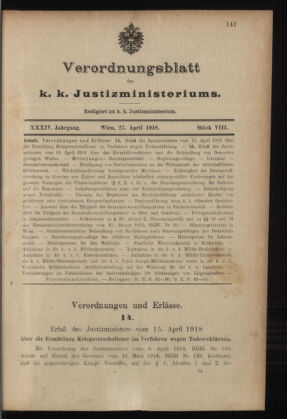 Verordnungsblatt des K.K. Justizministeriums 19180427 Seite: 1