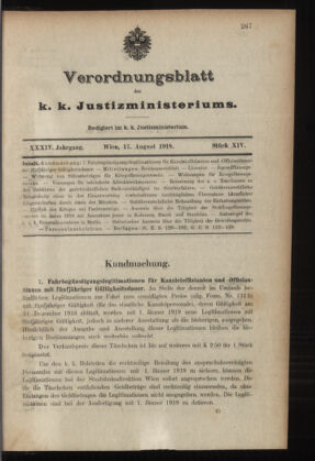 Verordnungsblatt des K.K. Justizministeriums 19180817 Seite: 1