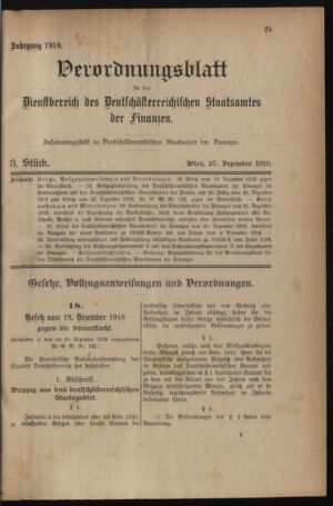 Verordnungsblatt für den Dienstbereich des österreichischen Bundesministeriums für Finanzen 19181227 Seite: 1