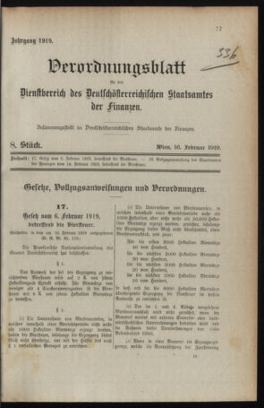 Verordnungsblatt für den Dienstbereich des österreichischen Bundesministeriums für Finanzen 19190216 Seite: 1