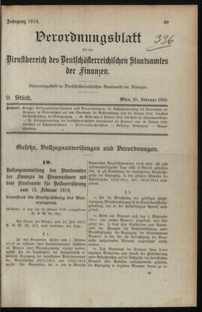 Verordnungsblatt für den Dienstbereich des österreichischen Bundesministeriums für Finanzen 19190220 Seite: 1