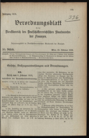 Verordnungsblatt für den Dienstbereich des österreichischen Bundesministeriums für Finanzen 19190225 Seite: 1