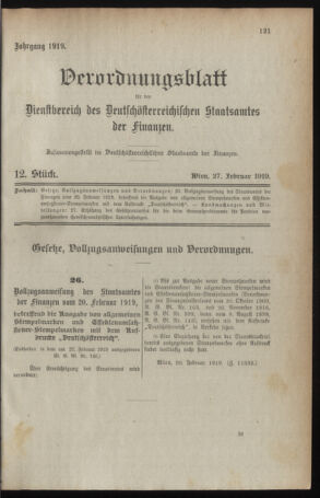 Verordnungsblatt für den Dienstbereich des österreichischen Bundesministeriums für Finanzen 19190227 Seite: 1